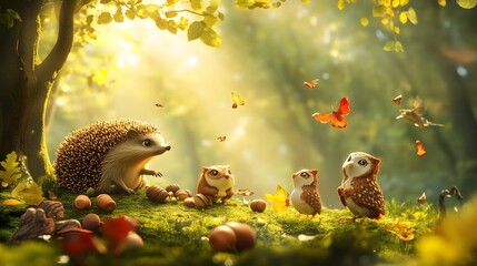 Vibrant Forest Creatures Collaborating to Gather Abundant Acorns in Sunlit Woodland Glade