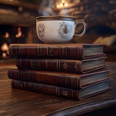 Naklejka premium Cozy Cabin Retreat with Stacked Antique Leather Books and Steaming Chai Tea