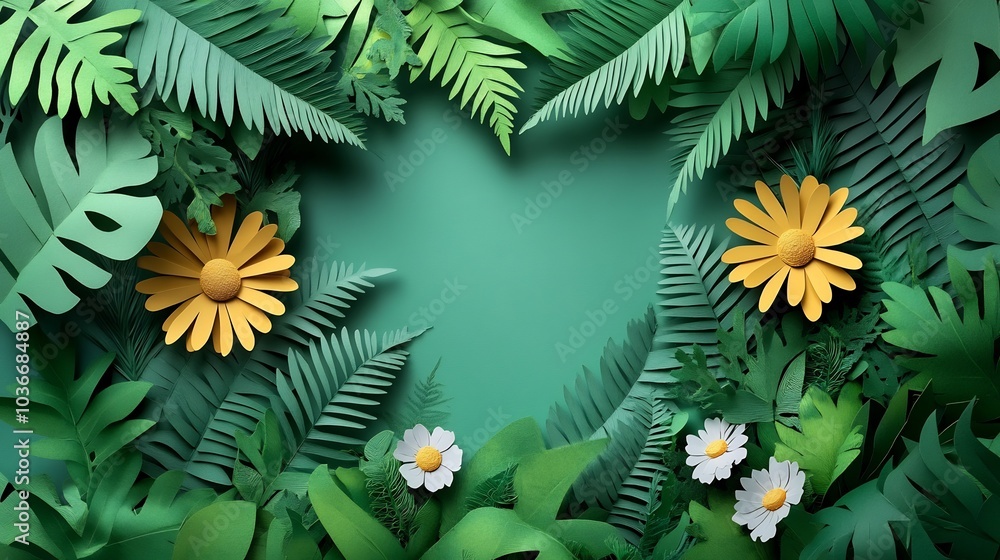 Poster minimalist springthemed design showcasing an empty papercut nature icon within an elegant paper fram