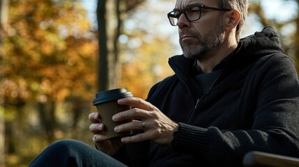 Middle-aged man with slight tremor holding cup of coffee on park bench, symbolizing struggle with Parkinson's disease, calm natural setting.