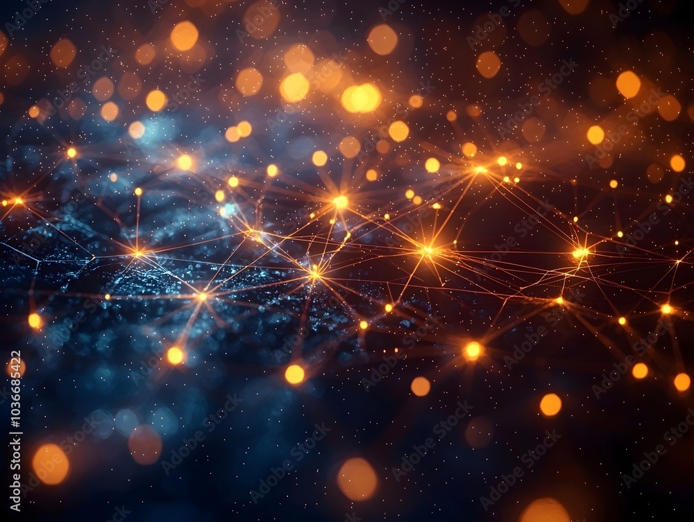 Poster a mesmerizing abstract representation of interconnected nodes and vibrant lights, embodying the esse