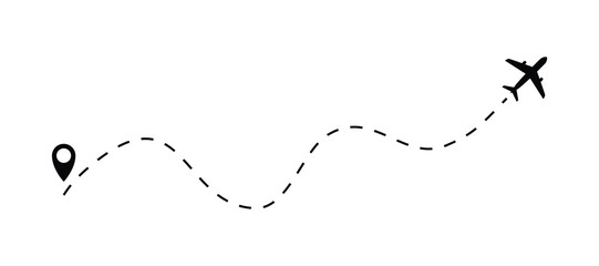 The plane icon follow from start pin point to finish by dashed line. Airplane dashed line path flat style design isolated on white background. Airplane route trace flight air map.