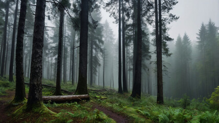 Naklejka premium A hauntingly beautiful scene of fog enveloping a pine forest, inviting exploration and sparking imagination in nature’s embrace.