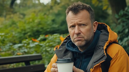 Middle-aged man with slight tremor holding cup of coffee on park bench, symbolizing struggle with Parkinson's disease, calm natural setting.