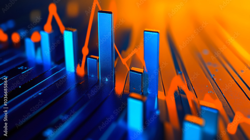 Poster colorful data visualization with blue bar graphs and orange line trends on a dynamic background repr