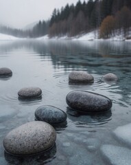 Submerged perspective of stones in a cold lake.