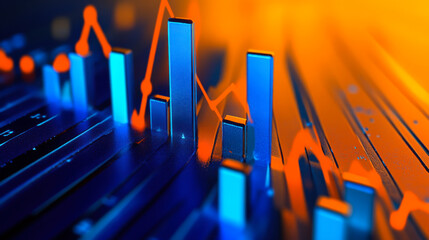 Colorful data visualization with blue bar graphs and orange line trends on a dynamic background representing financial growth