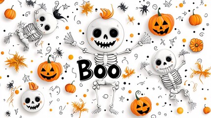Halloween "Boo" with playful skeletons and floating pumpkins, festive design