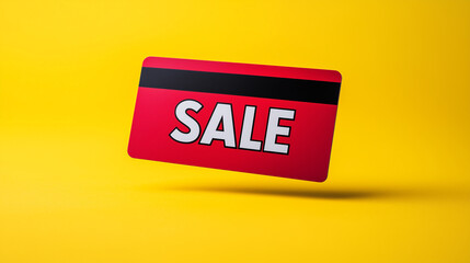 A vivid red sale tag is suspended in mid-air, featuring bold white text on a bright yellow backdrop, creating an eye-catching visual for discounts and promotions.