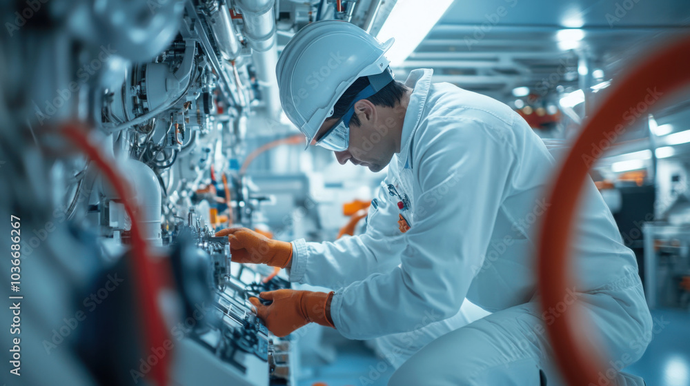 Aufkleber marine engineer is focused on securing engine in high tech environment, showcasing precision and exp