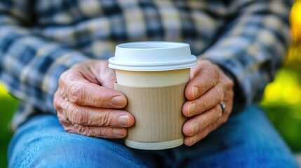 Middle-aged man with slight tremor holding cup of coffee on park bench, symbolizing struggle with Parkinson's disease, calm natural setting.