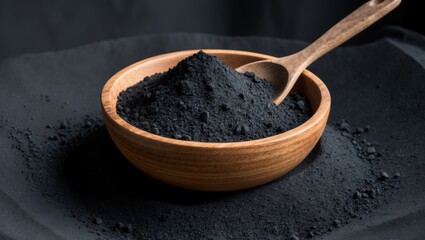 Activated Charcoal Powder in Wooden Bowl with Spoon on Black Background.