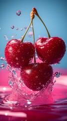 Three ripe red cherries splash into water, creating vibrant droplets against a vivid blue and pink background. A refreshing and appetizing visual.