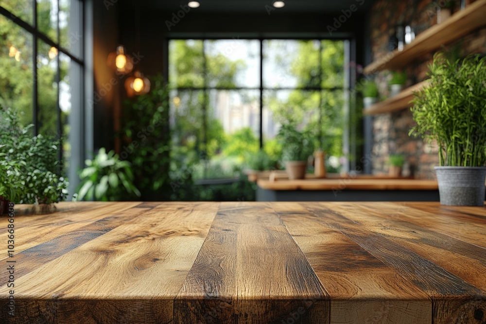 Poster wooden table with a view of a garden outside. the table is empty and has a few potted plants on it