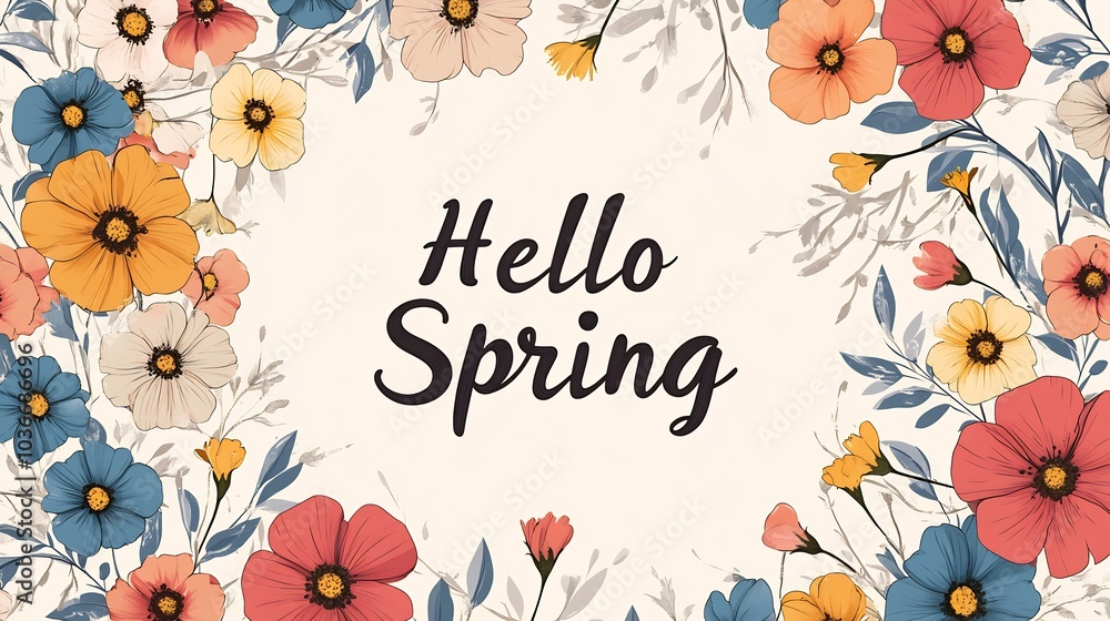 Poster minimalistic background with a soft pastel tone featuring a round frame encircled by blooming flower