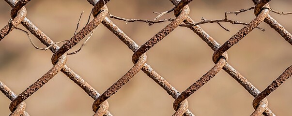 Fototapeta premium Rusty Chain Link Fence with Dry Twigs Intertwined