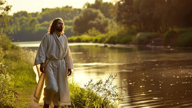 Jesus Christ in deep thought, walking along a peaceful riverbank, contemplating his mission.