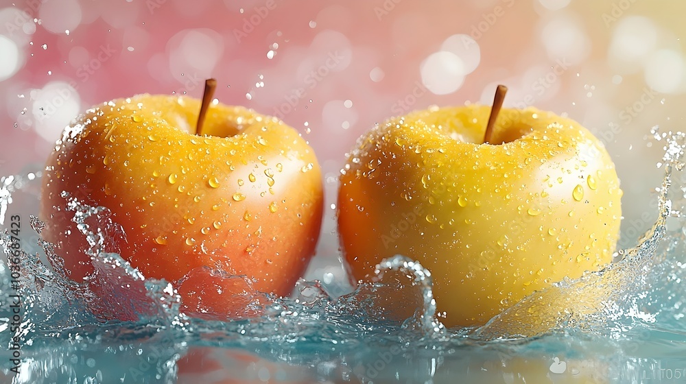 Poster two vibrant apples, one red and one yellow, splash into clear water, creating a refreshing scene fil