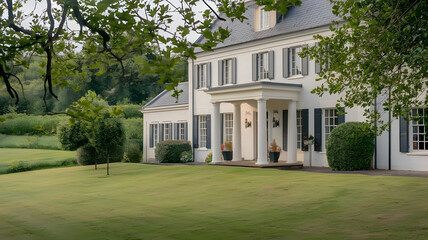 Fototapeta premium Elegant white house with columns and lush garden on a sunny day in a rural area