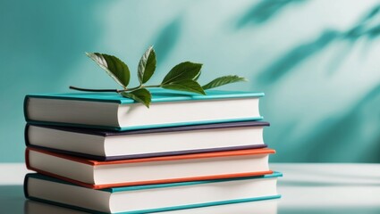 Stack of Books with Green Leaves and Turquoise Background.