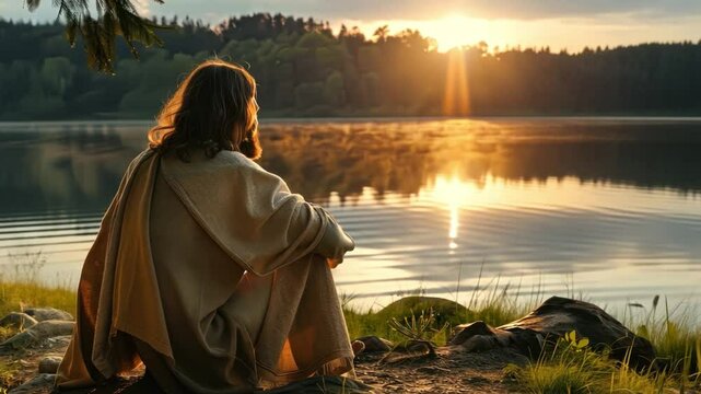 Jesus in a moment of reflection, sitting by a tranquil lake, contemplating his teachings