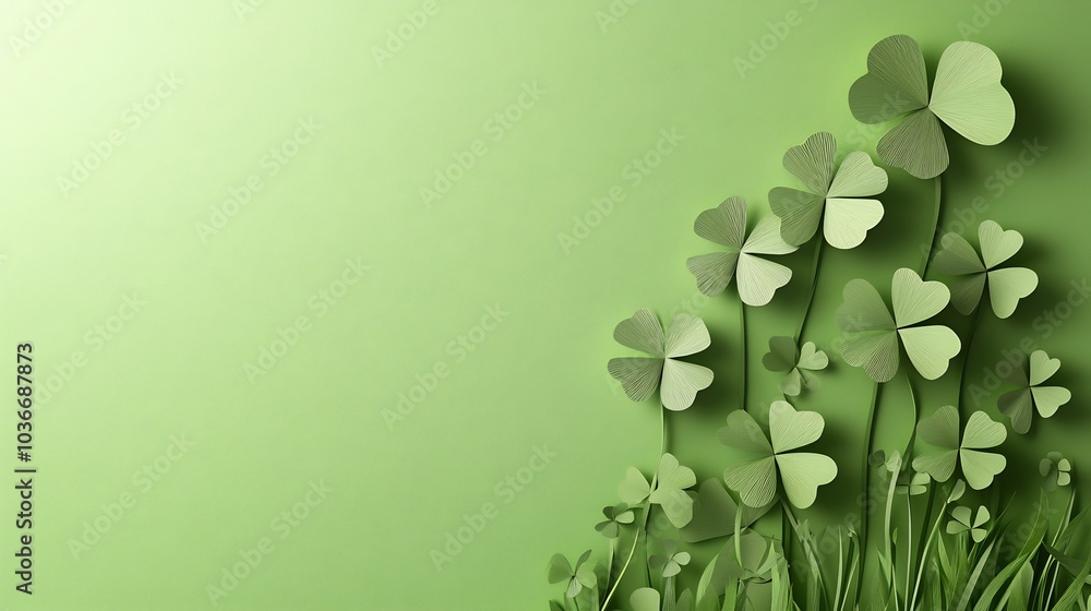 Poster modern st patrick's day banner featuring minimalist paper art clovers on a fresh green background de