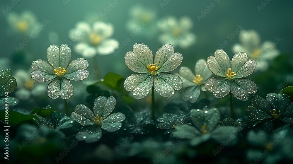 Aufkleber minimalistic scene featuring a cluster of glittering clovers against a soft background emphasizing t