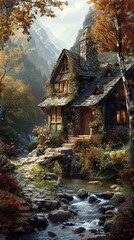 Stone Cottage by Mountain Stream - Autumn Landscape Photography