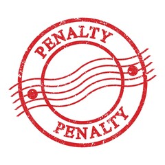 PENALTY, text written on red postal stamp.