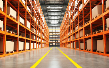 Fototapeta premium A spacious warehouse with orange shelving units lined with boxes, showcasing an organized storage environment.