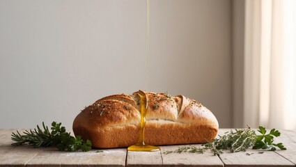 Fresh Bread Loaf with Olive Oil and Herbs on Table.