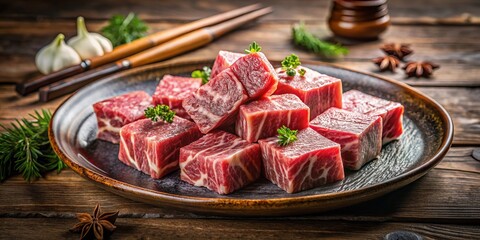 Indulge in premium Japanese Wagyu diced beef cubes, elegantly plated. Experience gourmet culinary delight with high-quality meat and luxurious presentation for an exquisite dining experience.