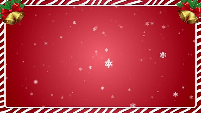 Christmas animated frame with holly leaves, bells, and snowflakes on red gradient background, perfect for greeting cards
