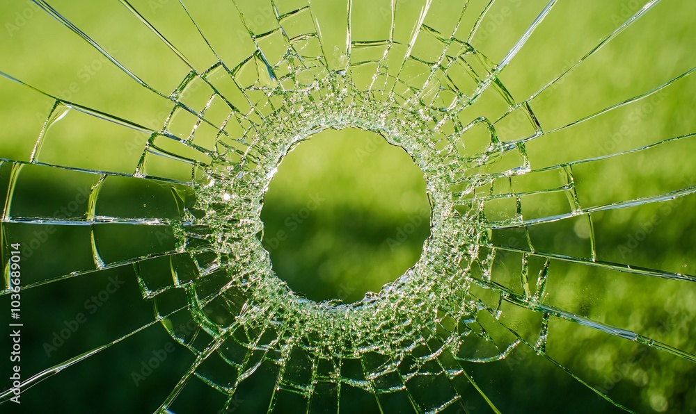 Poster a close-up view of a shattered glass pane, highlighting the intricate pattern and structure of the c