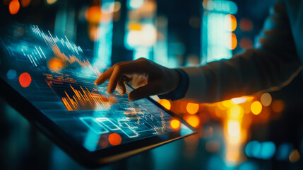 Business analyst reviewing financial data on a tablet in a modern office environment during the evening hours