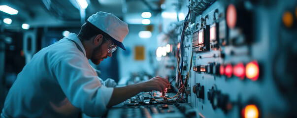 Diagnosing electrical failure, marine engineer focuses intently on control panels filled with lights and wires, showcasing complexity of maritime engineering