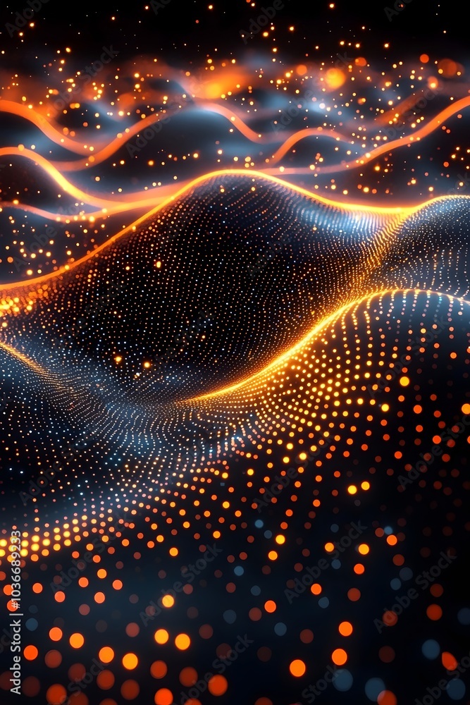 Poster a mesmerizing abstract landscape composed of glowing orange and blue dots and waves, creating a sens