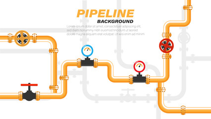 Yellow Pipelline background .Industrial background with pipeline. Oil, water or gas pipeline with fittings and valves	