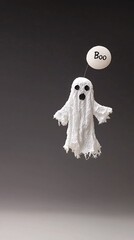 Floating ghost saying "Boo" in playful font, eerie full moon backdrop