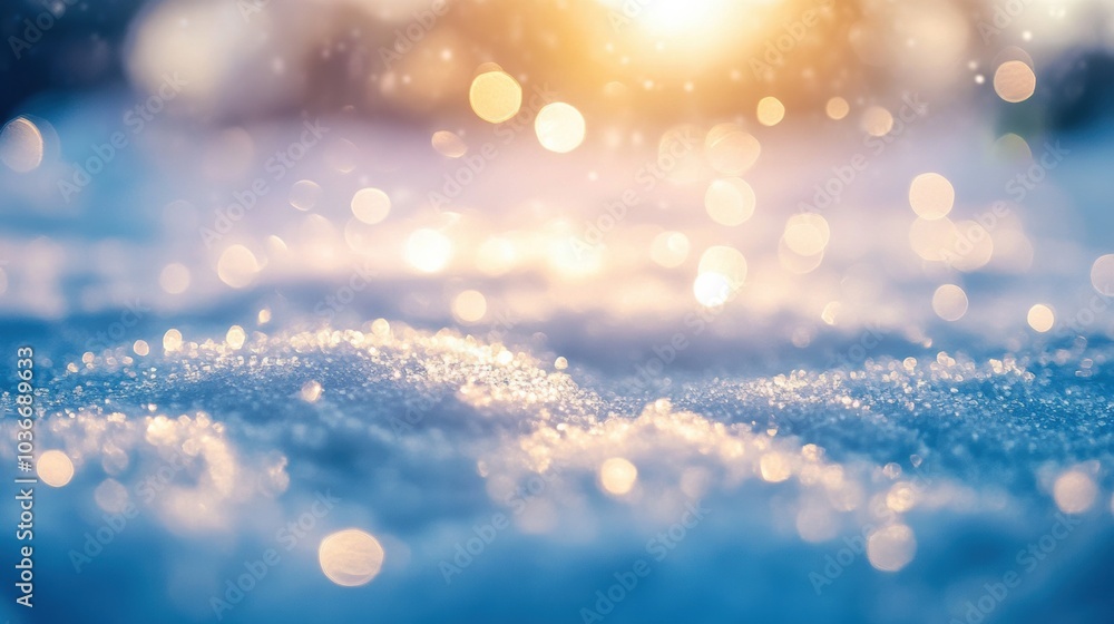 Poster sunlight shines through, illuminating fresh snowflakes that sparkle in the serene winter morning atm