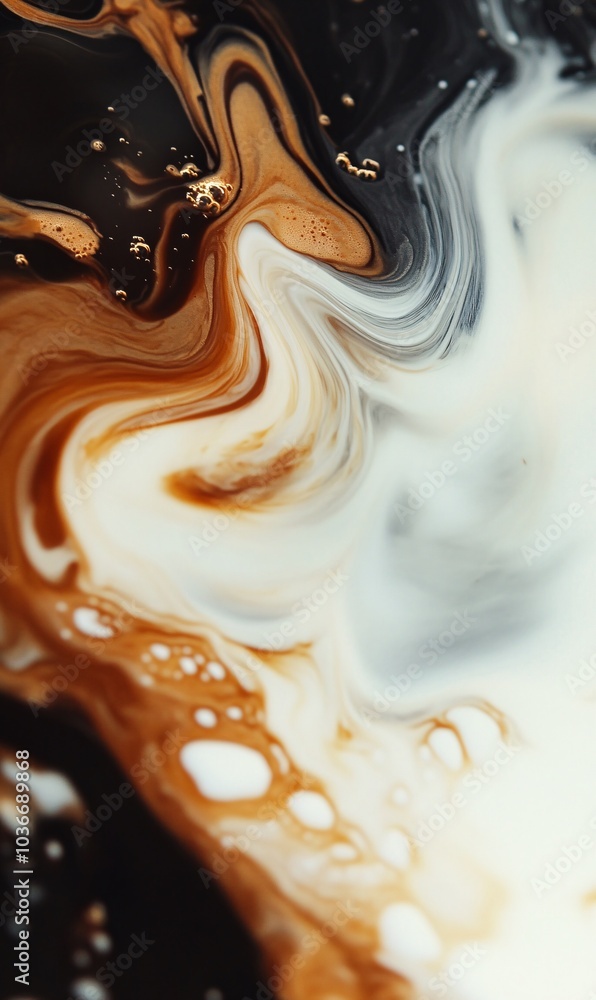 Poster Abstract fluid art with swirls of brown, white, and black colors creating a dynamic and visually striking pattern on canvas.