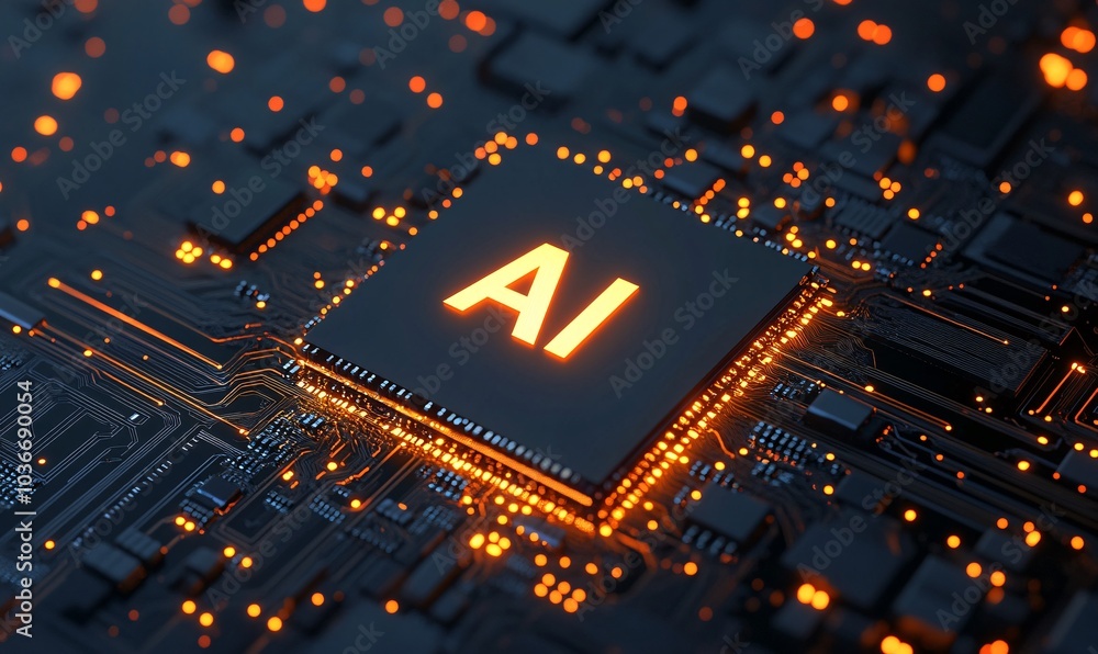Poster close-up of a microprocessor with glowing 'ai' text, showcasing modern technology and artificial int