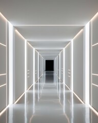 Futuristic corridor with bright light at the end in a geometric design.