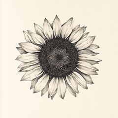 Fototapeta premium A black and white hand-drawn illustration of a sunflower with detailed petals and center.