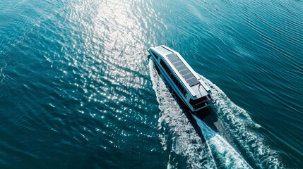 Fototapeta premium A high-speed electric ferry cruising through calm blue waters, with focus on the ferry鈥檚 sleek design and the serene marine environment, Maritime setting with emphasis on modern transport