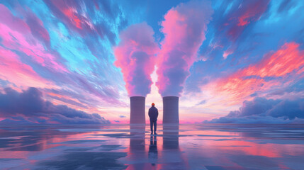 person stands in awe before massive cooling towers, surrounded by vibrant clouds and stunning sunset. scene evokes sense of wonder and reflection on industrial landscapes