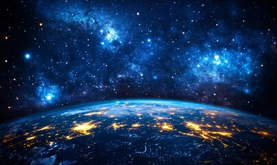 Obraz premium Stunning view of Earth from space, showcasing vibrant city lights at night against the backdrop of a starry universe. A breathtaking cosmic landscape.