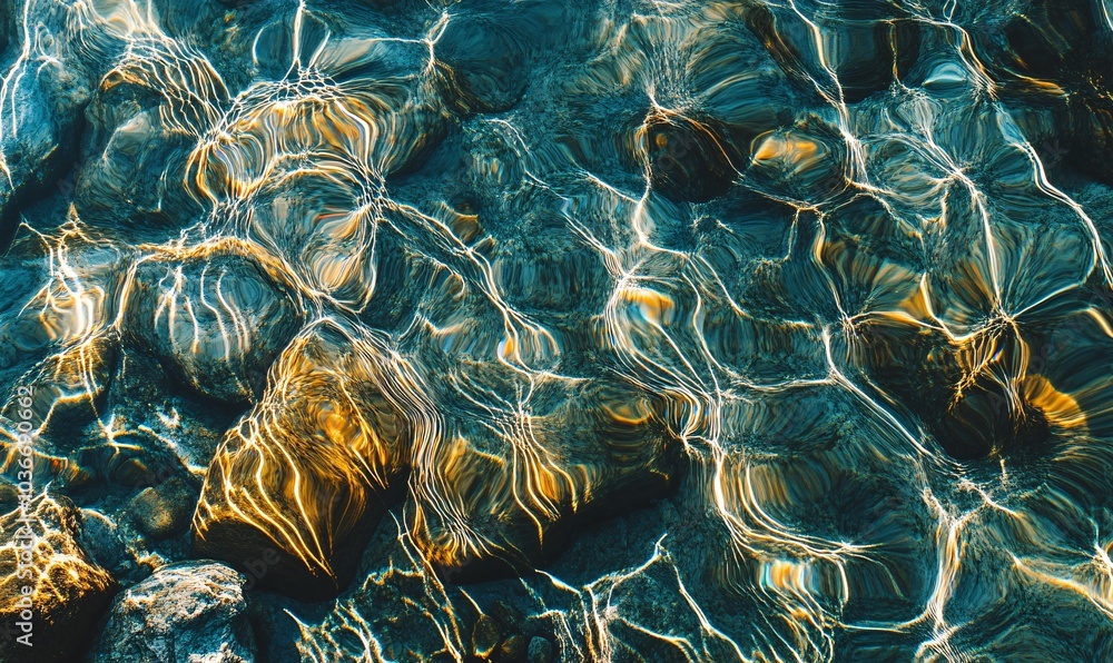 Poster a mesmerizing underwater scene showcasing vibrant rocks illuminated by sunlight, creating beautiful 