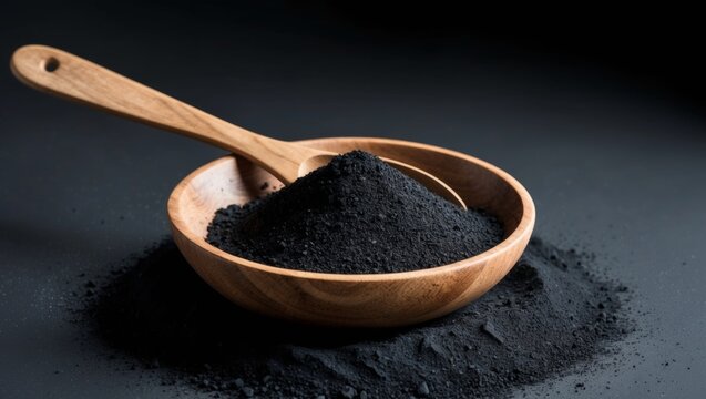 Activated Charcoal Powder in Wooden Bowl with Spoon on Black Background.