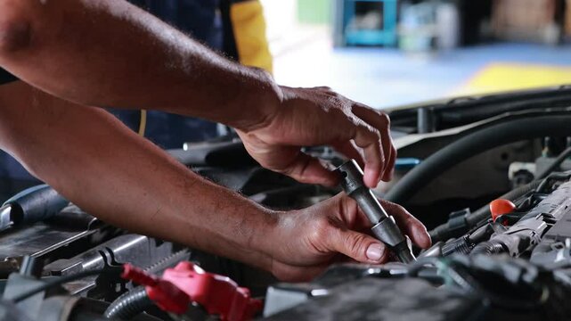 spark plug inspection. Hispanic latin man professional mechanic repairs car working in garage. Car maintenance and auto service garage concept
